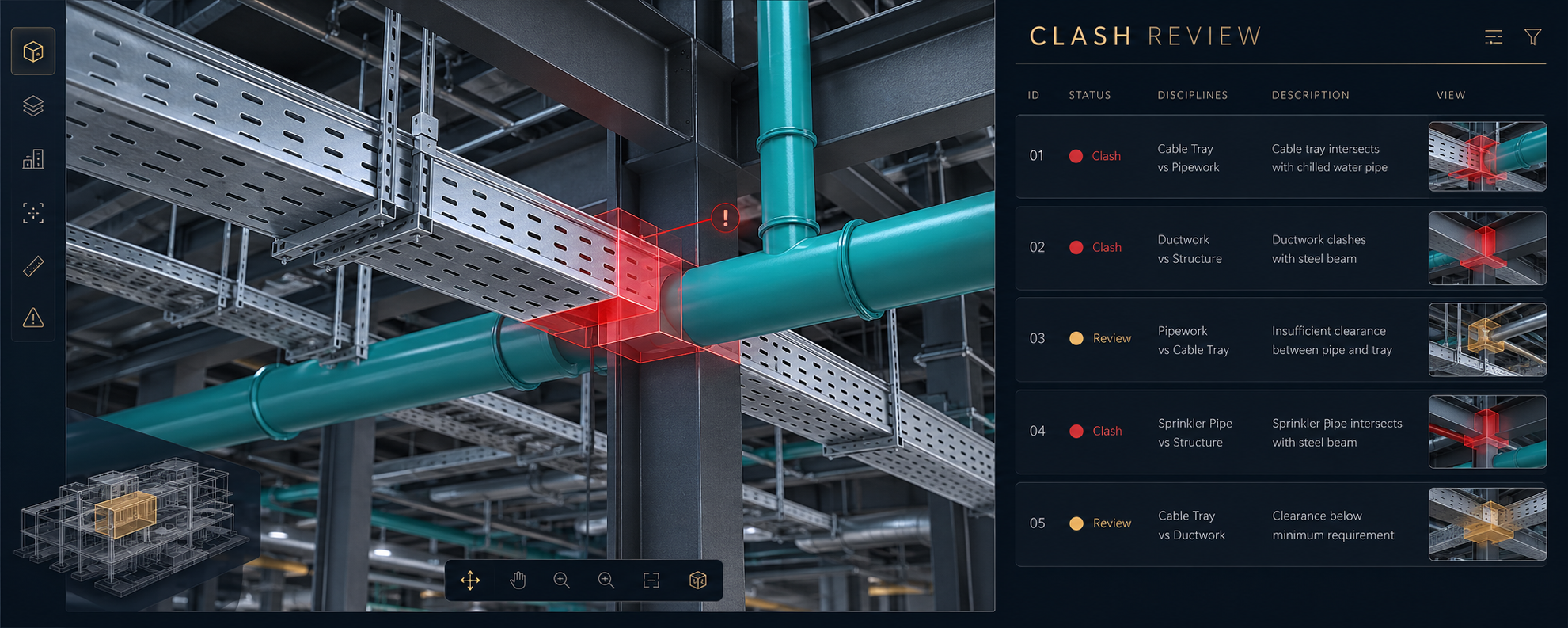 Illustrative BIM QA/QC review showing a highlighted clash and issue report